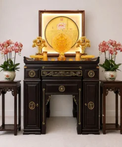 Ban Thờ Gỗ Nhập Khẩu, Chạm Khắc Hoa Sen Thếp Vàng, Màu Nâu Óc Chó, Nhiều Kích Thước