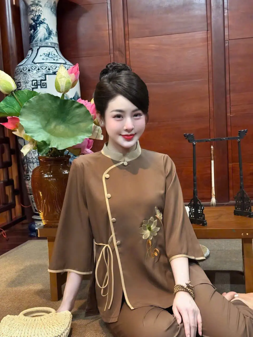 Bộ Pháp Phục Nữ Tâm Bồ Đề, Vải Đũi Tằm – Quần Áo Đi Chùa Trang Nghiêm