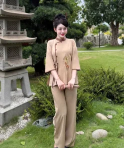 Bộ Quần Áo Nữ An Hạ Thô Đũi Cao Cấp Vạt Chéo Áo Be, Quần Nâu, Size S,M,L,XL,XXL