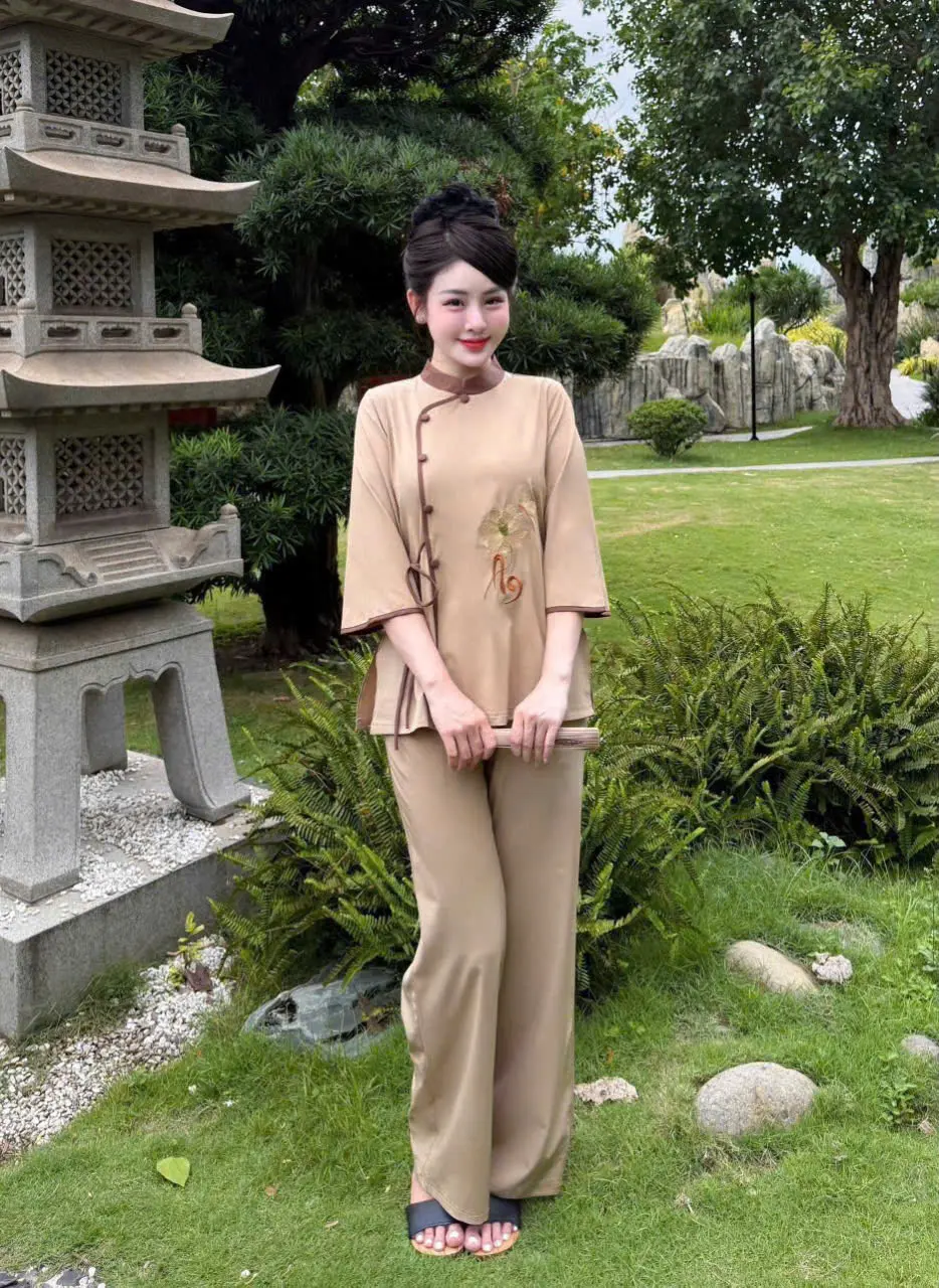 Bộ Quần Áo Nữ An Hạ Thô Đũi Cao Cấp Vạt Chéo Áo Be, Quần Nâu, Size S,M,L,XL,XXL